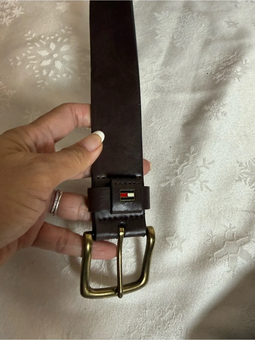 Tommy Hilfiger Brown Leather Belt Brass Buckle Flag Logo 90s Preppy Y2K